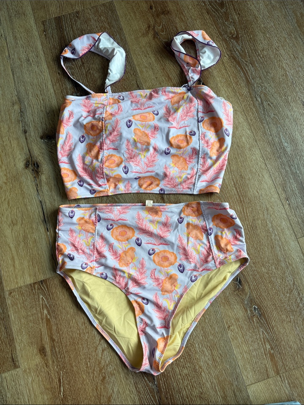 Pink Chicken Floral Seashell High-Waist Bikini Set in Peach & Purple